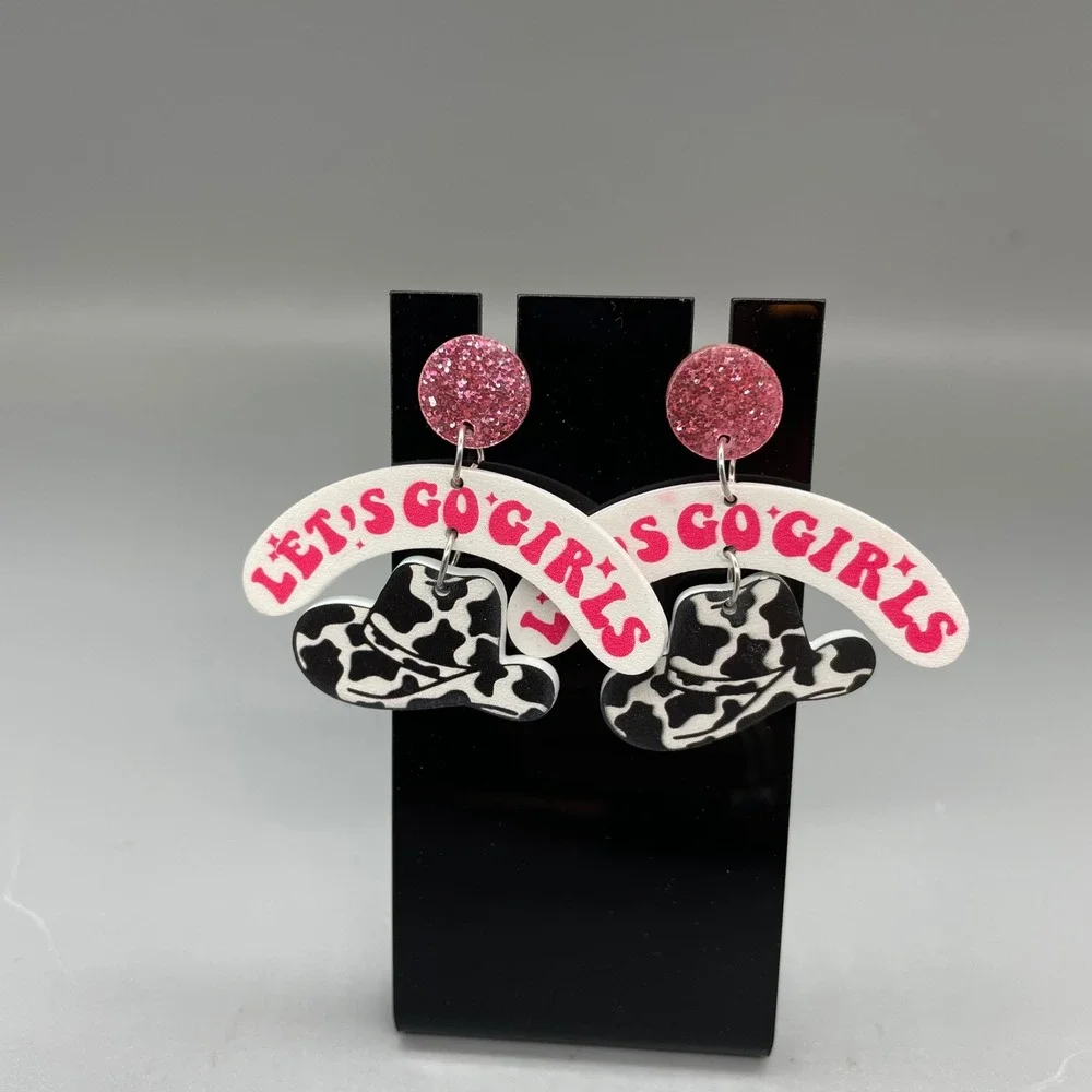 Lets Go Girls Cow Print Cowboy Hat Dangle Earrings Nashville Western Pink Glitt